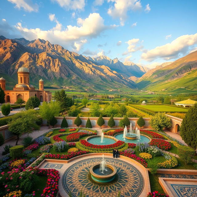 A stunning landscape showcasing the beauty of Iran, featuring the dramatic mountains of Alborz, lush green valleys, and historic Persian architecture