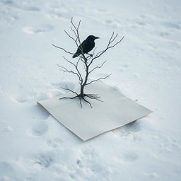A half-rolled letter lying on the snowy ground, surrounded by a serene winter landscape