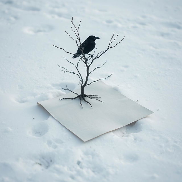 A half-rolled letter lying on the snowy ground, surrounded by a serene winter landscape