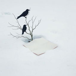 A half-rolled letter lying on the snowy ground, surrounded by a serene winter landscape