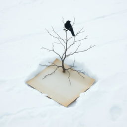 A half-rolled letter lying on the snowy ground, surrounded by a serene winter landscape