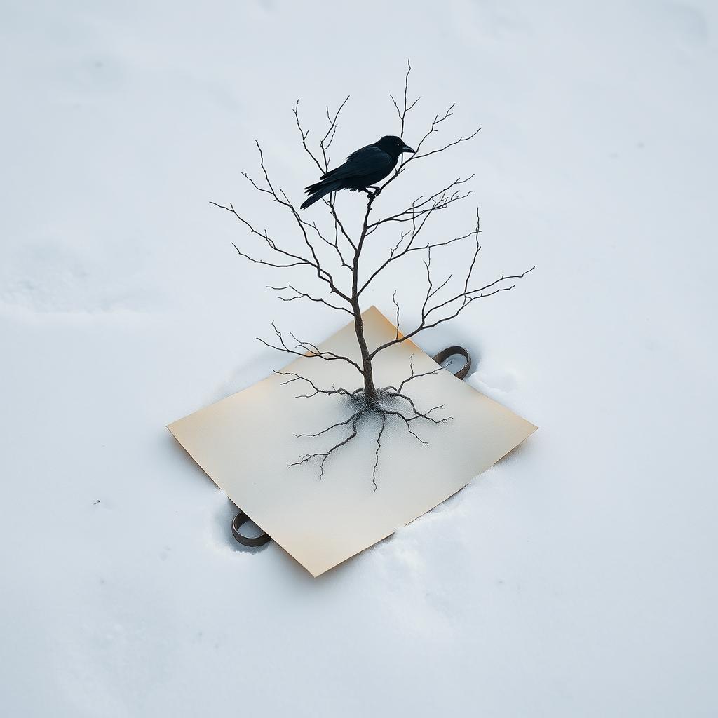 A half-rolled letter lying on the snowy ground, surrounded by a serene winter landscape