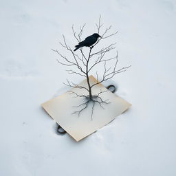 A half-rolled letter lying on the snowy ground, surrounded by a serene winter landscape