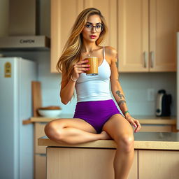 A 29-year-old Arabic woman with dark blonde, very long thick hair, characterized by a long torso, flat stomach, and wide hips