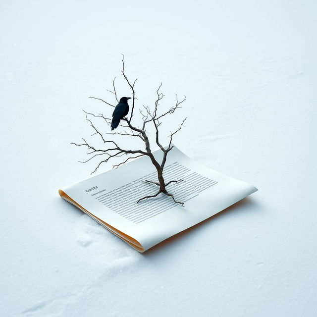 A half-rolled letter lying on the snowy ground, with a dead tree growing out of it, creating a striking contrast in a winter scene