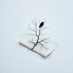 A half-rolled letter lying on the snowy ground, with a dead tree growing out of it, creating a striking contrast in a winter scene