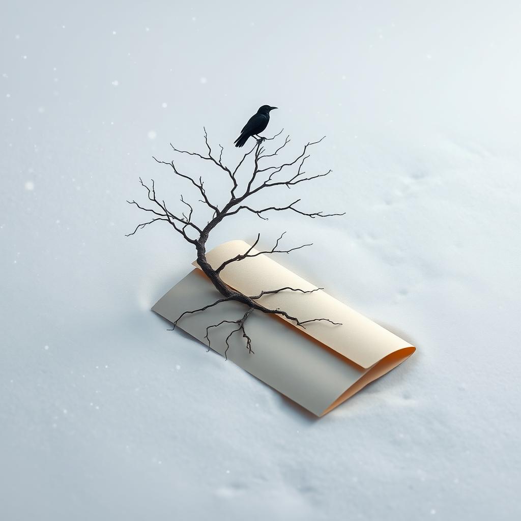 A half-rolled letter lying on the snowy ground, with a dead tree growing out of it, creating a striking contrast in a winter scene