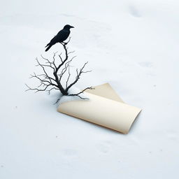A half-rolled letter lying on the snowy ground, with a dead tree growing out of it, creating a striking contrast in a winter scene