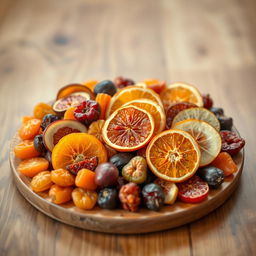 A beautifully arranged platter of dried fruits, featuring vibrant colors and various textures