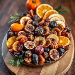 A beautifully arranged platter of dried fruits, featuring vibrant colors and various textures