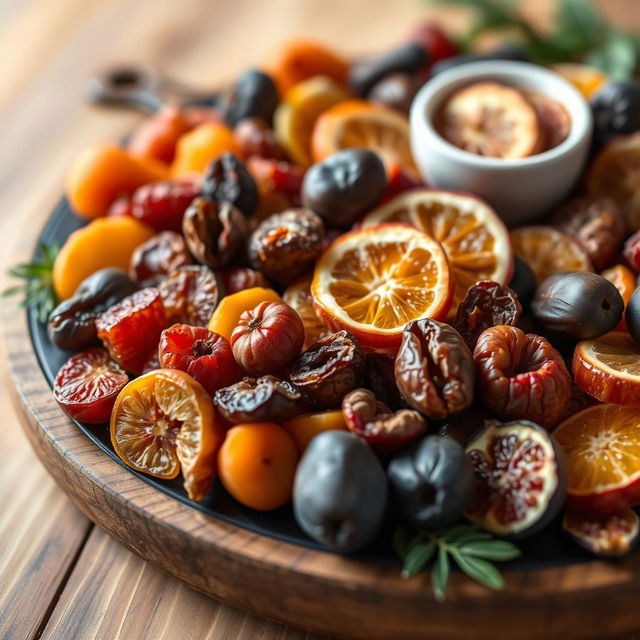 A beautifully arranged platter of dried fruits, featuring vibrant colors and various textures