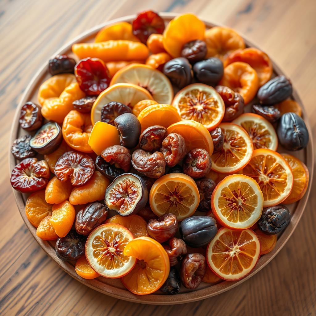 A beautifully arranged platter of dried fruits, featuring vibrant colors and various textures