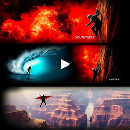 A captivating thumbnail for a YouTube video featuring a dramatic collage of extreme sports: a surfer riding a giant wave, a climber hanging precariously from a cliff, and a wingsuit flyer soaring near a canyon