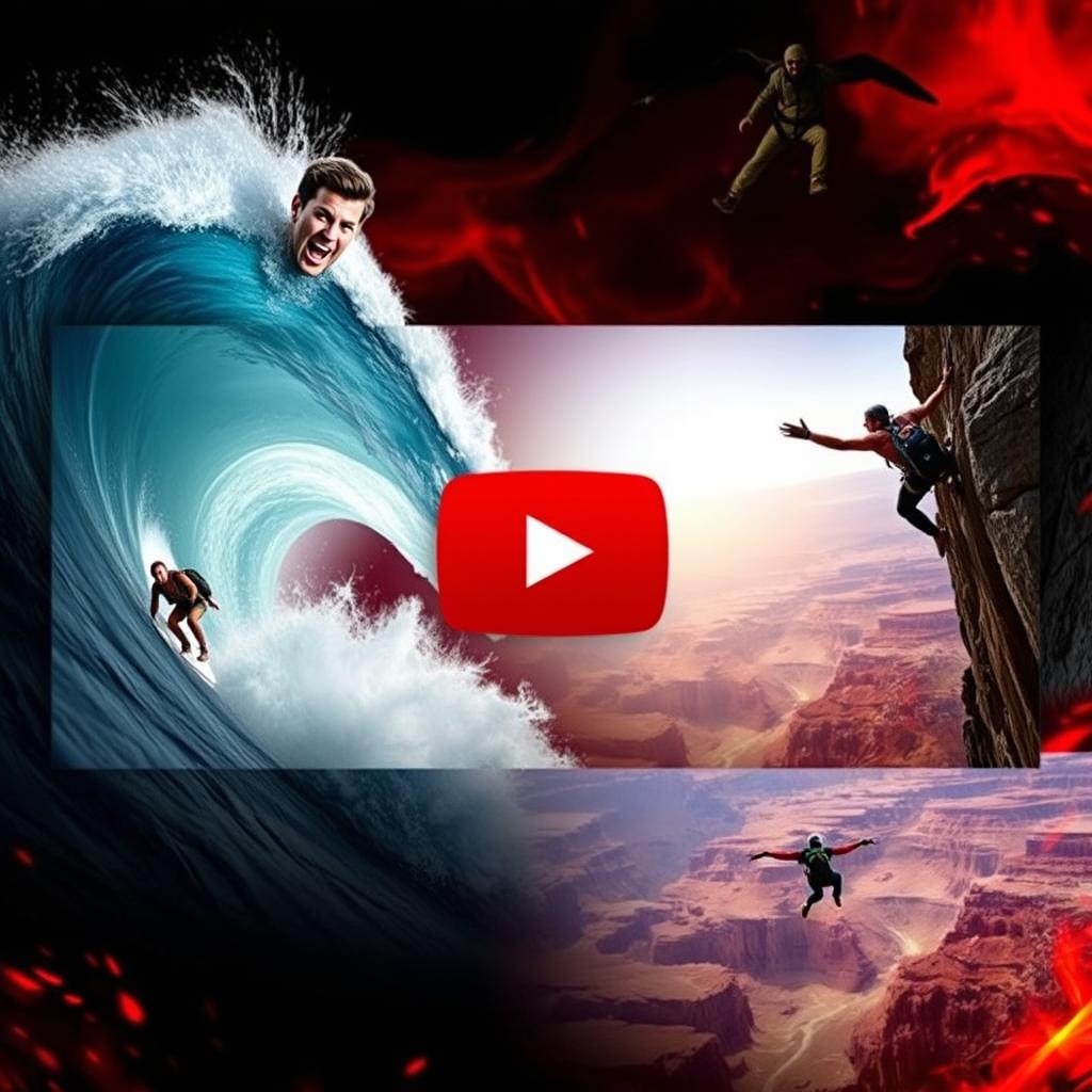 A captivating thumbnail for a YouTube video featuring a dramatic collage of extreme sports: a surfer riding a giant wave, a climber hanging precariously from a cliff, and a wingsuit flyer soaring near a canyon