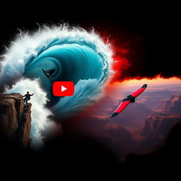 A captivating thumbnail for a YouTube video featuring a dramatic collage of extreme sports: a surfer riding a giant wave, a climber hanging precariously from a cliff, and a wingsuit flyer soaring near a canyon