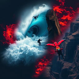 A dramatic collage featuring multiple extreme sports: a surfer riding a massive, crashing wave, showcasing dynamic motion and splash, a climber hanging precariously from a steep cliff, illustrating tension and determination, and a wingsuit flyer gracefully soaring near a breathtaking canyon, capturing the thrill of flight