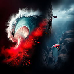 A dramatic collage featuring multiple extreme sports: a surfer riding a massive, crashing wave, showcasing dynamic motion and splash, a climber hanging precariously from a steep cliff, illustrating tension and determination, and a wingsuit flyer gracefully soaring near a breathtaking canyon, capturing the thrill of flight