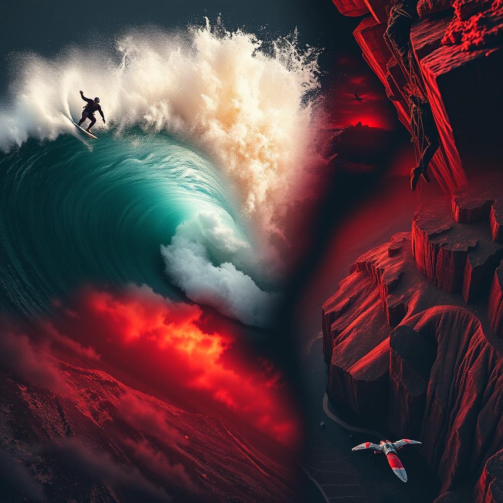 A dramatic collage featuring multiple extreme sports: a surfer riding a massive, crashing wave, showcasing dynamic motion and splash, a climber hanging precariously from a steep cliff, illustrating tension and determination, and a wingsuit flyer gracefully soaring near a breathtaking canyon, capturing the thrill of flight