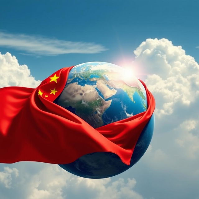 A majestic representation of the Chinese flag draped elegantly over the globe, showcasing its vibrant red color and yellow stars contrasting beautifully against the blue of Earth