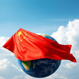A majestic representation of the Chinese flag draped elegantly over the globe, showcasing its vibrant red color and yellow stars contrasting beautifully against the blue of Earth