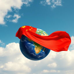 A majestic representation of the Chinese flag draped elegantly over the globe, showcasing its vibrant red color and yellow stars contrasting beautifully against the blue of Earth