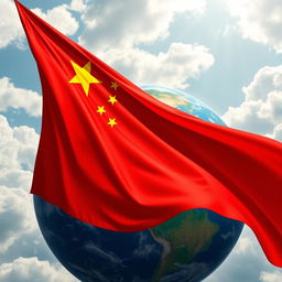 A majestic representation of the Chinese flag draped elegantly over the globe, showcasing its vibrant red color and yellow stars contrasting beautifully against the blue of Earth