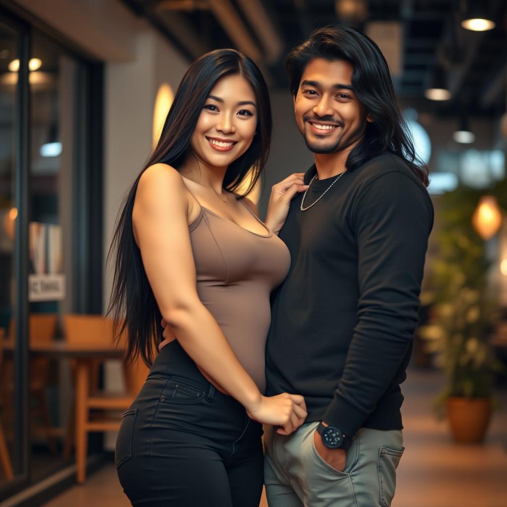 A tall, voluptuous Japanese woman with an alluring smile, wearing a stylish form-fitting outfit that accentuates her curves