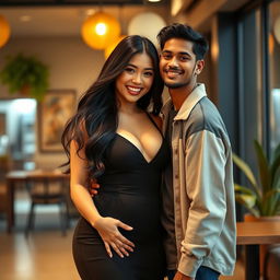 A tall, voluptuous Japanese woman with an alluring smile, wearing a stylish form-fitting outfit that accentuates her curves