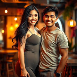 A tall, voluptuous Japanese woman with an alluring smile, wearing a stylish form-fitting outfit that accentuates her curves