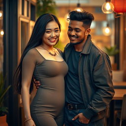 A tall, voluptuous Japanese woman with an alluring smile, wearing a stylish form-fitting outfit that accentuates her curves