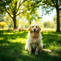 A serene scene featuring a lone dog sitting in a lush green park