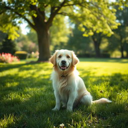 A serene scene featuring a lone dog sitting in a lush green park