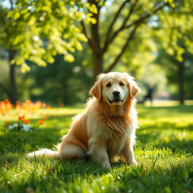 A serene scene featuring a lone dog sitting in a lush green park