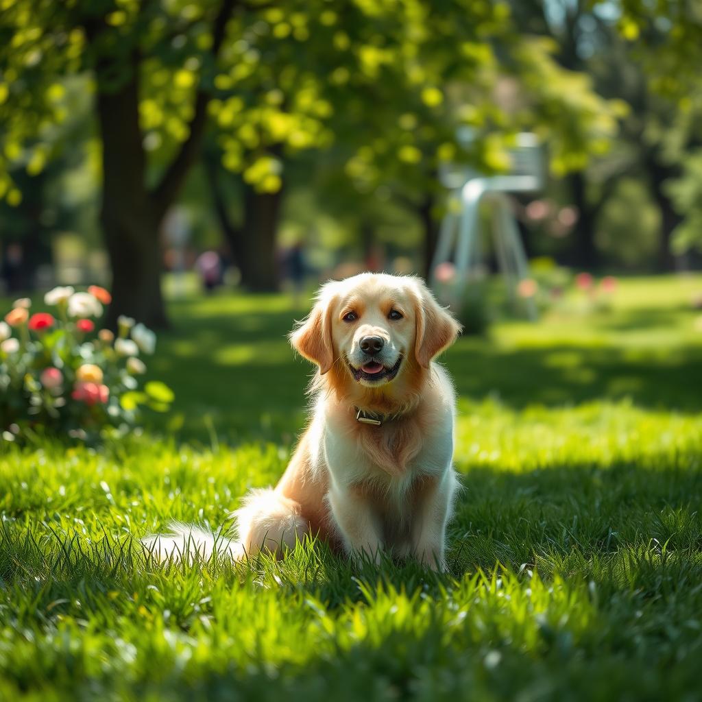 A serene scene featuring a lone dog sitting in a lush green park