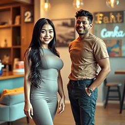A tall, voluptuous Japanese woman with an enchanting smile, dressed in a fitted, fashionable outfit that highlights her curves