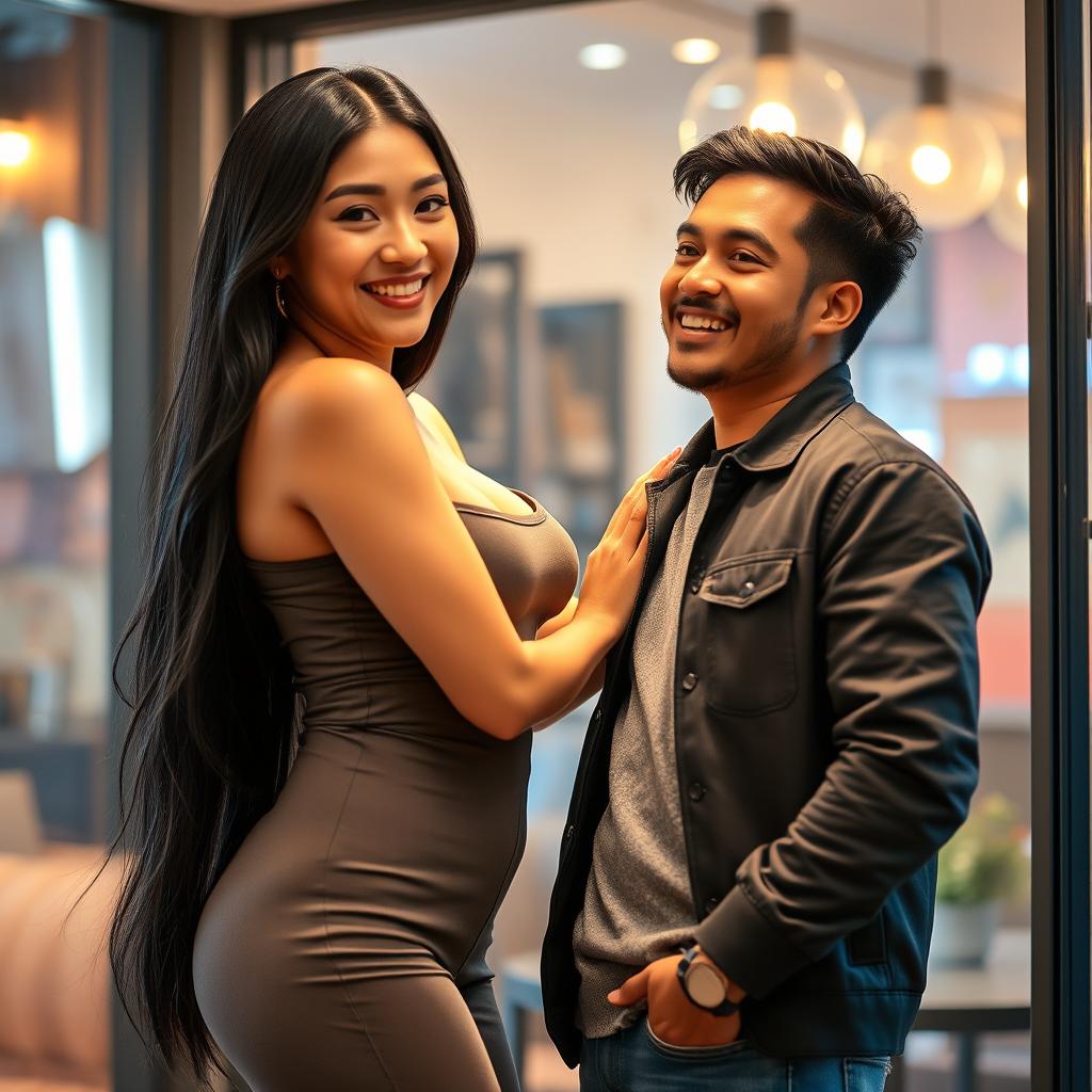 A tall, voluptuous Japanese woman with an enchanting smile, dressed in a fitted, fashionable outfit that highlights her curves