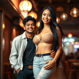A very tall, sexy Japanese woman with stunning curves and a captivating smile, showcasing her ample bosom in a fashionable, figure-hugging outfit
