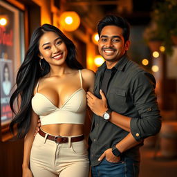A very tall, sexy Japanese woman with stunning curves and a captivating smile, showcasing her ample bosom in a fashionable, figure-hugging outfit