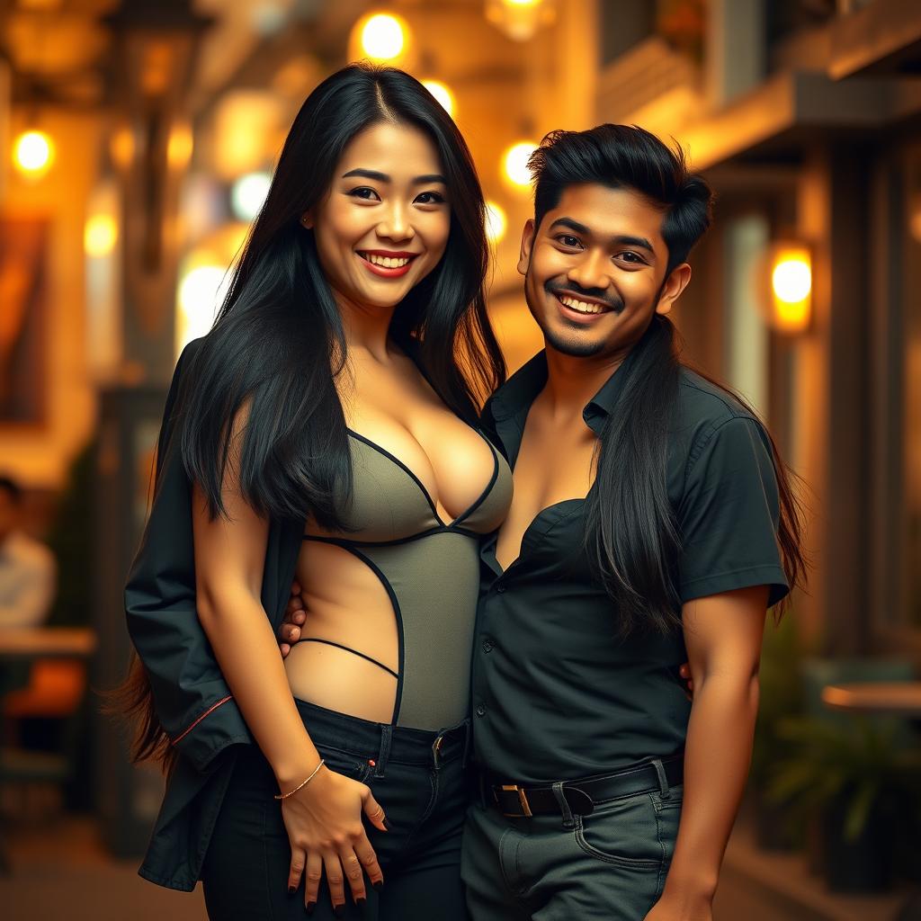 A very tall, sexy Japanese woman with stunning curves and a captivating smile, showcasing her ample bosom in a fashionable, figure-hugging outfit