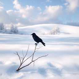 A serene snowy landscape, featuring a single black crow perched on a bare, snow-dusted branch