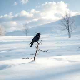 A serene snowy landscape, featuring a single black crow perched on a bare, snow-dusted branch