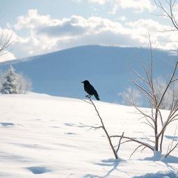 A serene snowy landscape, featuring a single black crow perched on a bare, snow-dusted branch