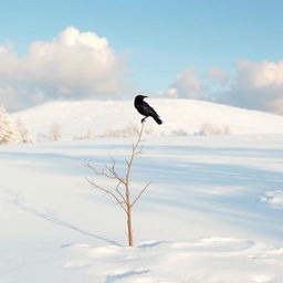 A serene snowy landscape, featuring a single black crow perched on a bare, snow-dusted branch