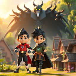 A high-quality 3D animated-style scene featuring a confident and determined young boy named Kai with extraordinary superpowers, standing proudly in a vibrant and lively village surrounded by lush greenery and quaint homes