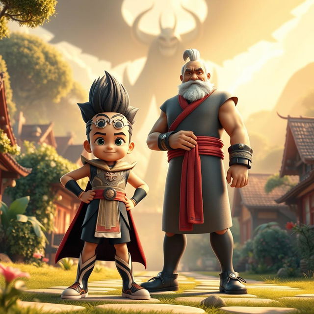 A high-quality 3D animated-style scene featuring a confident and determined young boy named Kai with extraordinary superpowers, standing proudly in a vibrant and lively village surrounded by lush greenery and quaint homes