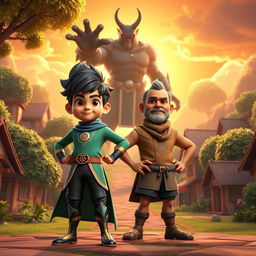 A high-quality 3D animated-style scene featuring a confident and determined young boy named Kai with extraordinary superpowers, standing proudly in a vibrant and lively village surrounded by lush greenery and quaint homes