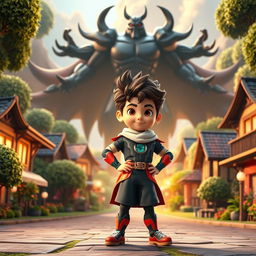 A high-quality 3D animated-style scene featuring a confident and determined young boy named Kai with extraordinary superpowers, standing proudly in a vibrant and lively village surrounded by lush greenery and quaint homes