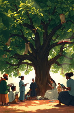 A serene digital painting depicting a group of diverse people gathered under a large, lush tree symbolizing learning and education
