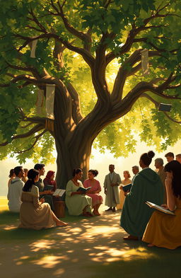 A serene digital painting depicting a group of diverse people gathered under a large, lush tree symbolizing learning and education