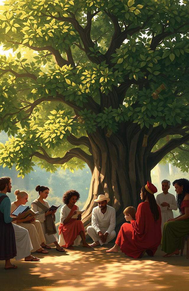 A serene digital painting depicting a group of diverse people gathered under a large, lush tree symbolizing learning and education